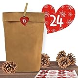 24 Adventskalender Kraftpapiertüten mit 24 weihnachtlichen Aufkleber-Zahlen...