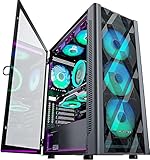 MUSETEX ATX PC Gehäuse Pre-Install 6 PWM ARGB Lüfter, Polygonal Mesh Computer...