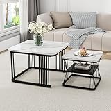 Merax Quadratisch Couchtisch 2er Set, Moderne Wohnzimmertisch mit Marmoroptik,...