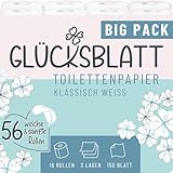 Glücksblatt Toilettenpapier KLASSISCH WEISS, 3-lagig, 56 Rollen x 150 Blatt,...