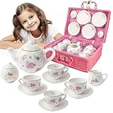 Jewelkeeper - Tee Set Porzellan für Kinder mit rosa Picknick-Korb, 13-teiliges...