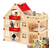 Puppenhaus aus Holz für Puppen, Puppenstube mit 3 Etagen, 4 Puppen und 15...