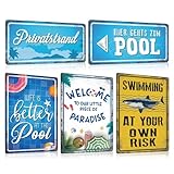 5er Set Blechschild Retro Pool mit Spruch Lustig | PRIVATSTRAND | SWIM AT YOUR...