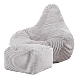 Icon Dalton Sitzsack mit Hocker Cord, Grau, Gaming Sitzsack Erwachsene mit...