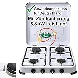 Campingkocher Gaskocher 4-flammig mit Zündsicherung | inkl. Gasschlauch und...
