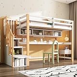 Merax Hochbett 90x200cm mit großen Schreibtisch und Regale, Kinderbett mit...