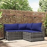 Chaduof 3-TLG. Garten-Lounge-Set mit Kissen Grau Poly Rattan, Lounge...