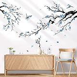 wondever Wandtattoo Blumen Vögel auf Baum Ast Wandaufkleber Blüten Blumen Blau...