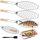 Fisch Grillhalter mit Holzgriff 3er, 63x12cm Große Fischbräter Fischgriller...