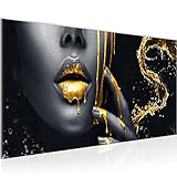 Wandbild Lippen Gold Schwarz 1 Teilig Modern Bild auf Vlies Leinwand Wohnzimmer...