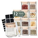 Celeko Home Stapelbare Gewürzgläser Eckig Bambus-Holzdeckel 210ml (Set 12...