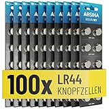 ABSINA AG13 LR44 Knopfzelle 100er Pack - 1,5V Alkaline Knopfzellen auslaufsicher & mit Langer Haltbarkeit - LR1154 / L1154 / L1154F / G13 / G13A / 13GA / 157 / V13GA / PX76A / RW82 - Knopfbatterien