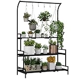 Outsunny Pflanzenständer, Blumenständer mit 3 Ebenen, Blumenregal mit 6 Haken,...
