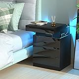 Lvhcmfohm Nachttisch mit Steckdose, Nachtschrank mit Led Licht, Nachtkommode mit...
