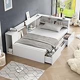 Kinderbett 90x200, Multifunktionales Holzbett mit Schubladen, Bücherregal und...