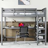 Merax Hochbett mit Schreibtisch und Lagerregal 90x200cm, Kinderbett Bettgestell...