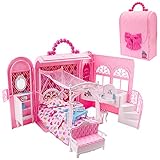 deAO Puppenhaus, Rosa Tragetasche Puppenhaus Klappbar Möbel Familie Spielzeug...