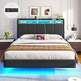 Brinlawb Polsterbett 140x200 cm Schwebebett mit LED-Beleuchtung, Kopfteil und...