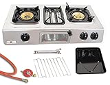 Edelstahl Gaskocher 3 flammig 9,7 KW Campingkocher mit Grill Ofen Gasgrill WOK...