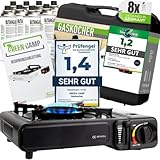 GREEN CAMP® Gaskocher inkl. 8 Kartuschen Campingkocher mit Piezozündung -...