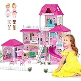 deAO Puppenhaus Traumvilla 3 Etagen Dollhouse mit Möbeln und Zubehör, Spielset...