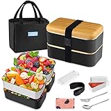 HOLIPOT Bento Box Schwarz, Lunchbox Brotdose mit Fächern 2 Ebenen mit 2 Stück...