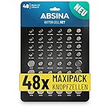 ABSINA 48er Pack Alkaline & Lithium Knopfzellen - 4X AG1 / 4X AG3 / 8X AG4 / 8X...