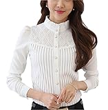 Damen Chiffon Vintage Stehkragen Button Down Hemd Langarm Spitze Bluse mit...