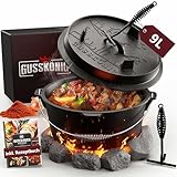 GUSSKÖNIG Dutch Oven Set [9L] - Eingebrannter Feuertopf mit praktischem...