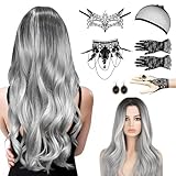 Perücke Halloween Damen,Perücke Frauen Kostüm,70cm Grau Lang Wellte...