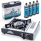 TOM Adventure Edelstahl Camping-Gaskocher mit 4 x Gaskartuschen und Koffer im...