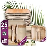Waipur Bio Palmblatt Geschirr Set mit Holz Besteck - je 25 große Teller und...