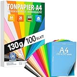 100 Blatt TONPAPIER - Buntes Papier DIN A4-130g/m² Set 20 Farben – Stabil...