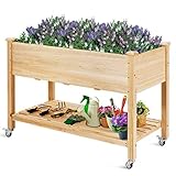 FANTASK Hochbeet mit Ablage & Rollen, Erhöhtes Gartenbeet aus Holz,...