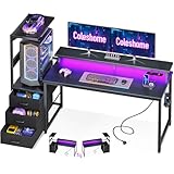 Coleshome Gaming Tisch mit LED-Beleuchtung & Steckdose, Gaming Schreibtisch mit...