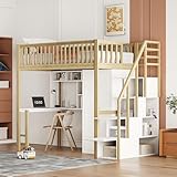 xixiworkshop Hochbett 90x200cm mit Schreibtisch/Kleiderschrank/Stauraum Treppen,...