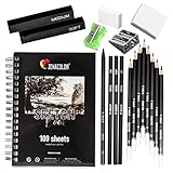 Komplettes Zeichnen Set mit Zeichenblock - 19 Zubehörteile: 8 Bleistifte, 3...