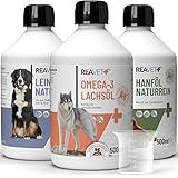 ReaVET Futteröl Hunde, 3 Sorten x 500ml, Barföl Hund - Set aus Lachsöl,...