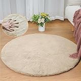 ORINOVA Teppich Beige Rund Flauschig 90 cm Kunstfell Runder Teppich Schlafzimmer...