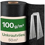 Praknu Unkrautvlies 100g/m2 Extra Stark - 50m2 - Unkrautfolie mit 24 Erdankern -...