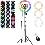 MICCYE Ringlicht mit Stativ 10 Zoll RGB Ring Light Gesamthöhe 180cm Ringleuchte...