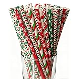Weihnachts-Papierstrohhalme,100 Stück Strohhalme papier, Verschiedene Muster...