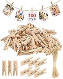 100 Stück Mini Holzklammern,3CM Wäscheklammern Holz,mit 10M Jute Twine,Natur...