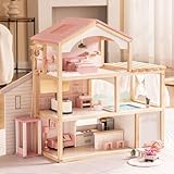 ROBUD Puppenhaus aus Holz,Puppen-Villa mit Möbel,Mit Aufzug, Garage, Pavillon...