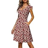 CLOUSPO Sommerkleid Damen Elegant Knielang Freizeit Kleider Rüschen Ärmel...