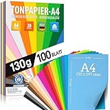100 Blatt TONPAPIER - Buntes Papier DIN A4-130g/m² Set 20 Farben – Stabil...