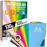 100 Blatt TONPAPIER - Buntes Papier DIN A4-130g/m² Set 20 Farben – Stabil...