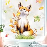 Fensterbild Herbst sitzender Fuchs mit Blättern, herbstlicher Fensteraufkleber...