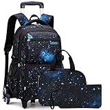3PCS Schulrucksack Trolley Jungen Schulranzen mit Rollen Kinder Wanderrucksack...