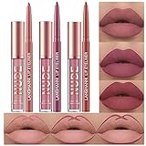 6 Stück Matt Lippenstift & Lip Liner Set, Velvety Nude Lipstick, Stay On 24...